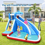 Detailed view of shark theme bouncer splash pool and water cannons