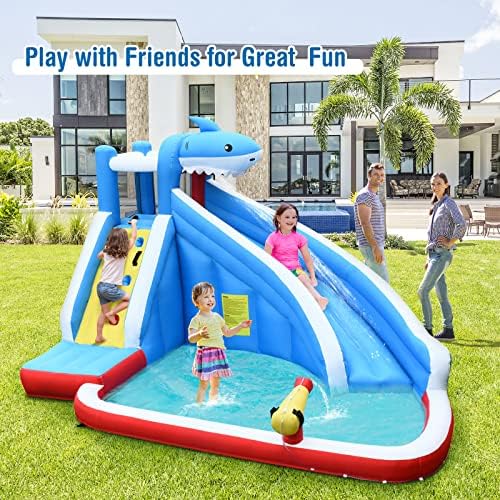 Detailed view of shark theme bouncer splash pool and water cannons