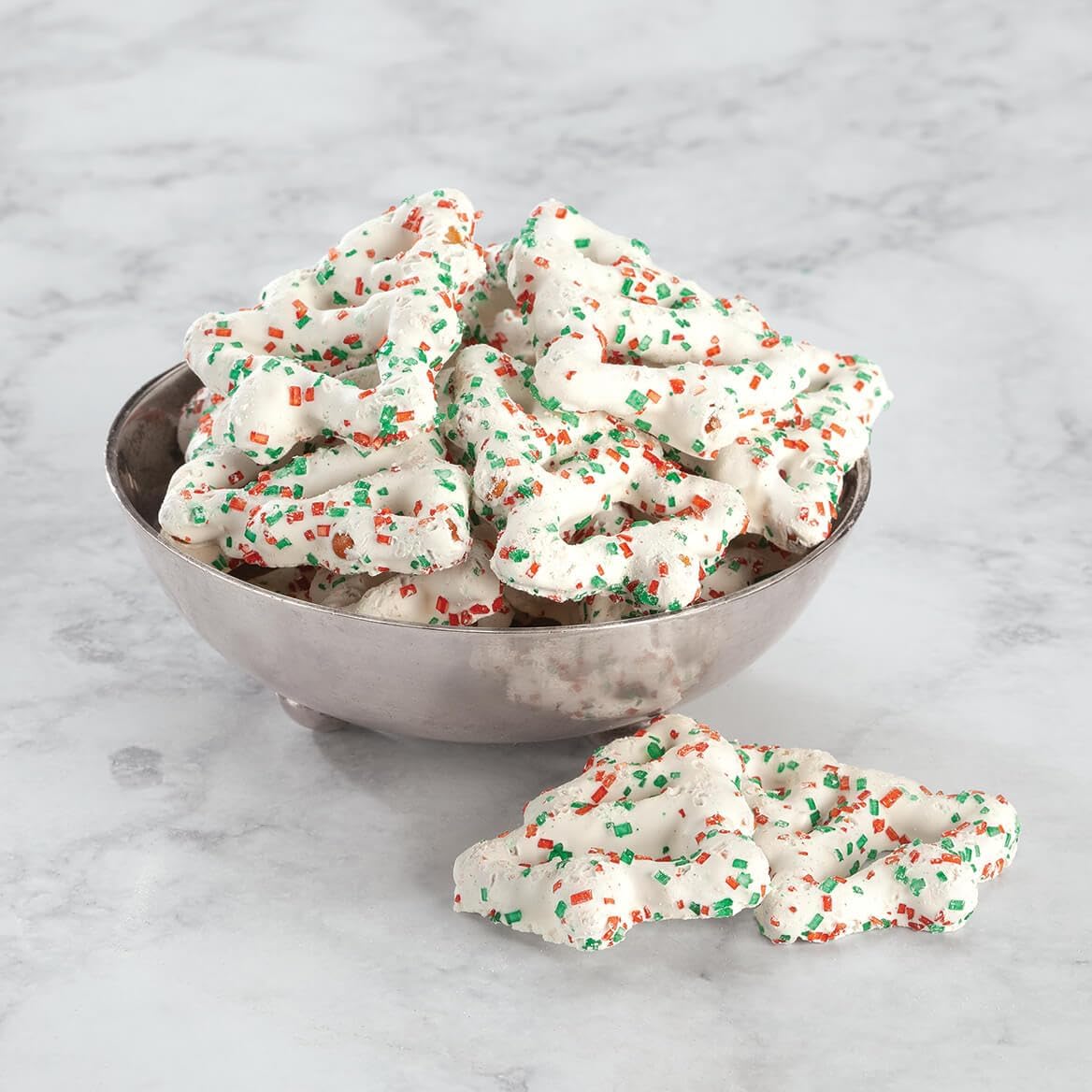 Festive Christmas table setting featuring Mrs. Kimball's pretzels