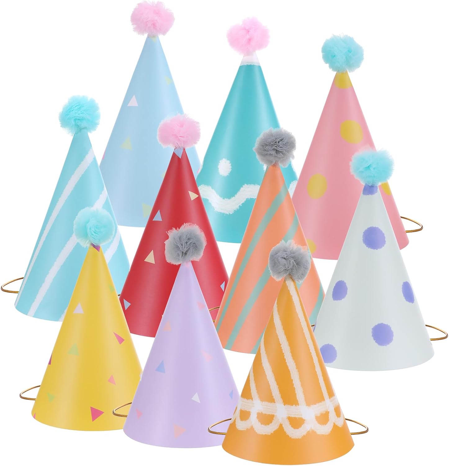 Aeaocvo 10 Piece Birthday Party Cone Hats front view showing vibrant assorted colors and fluffy pom poms