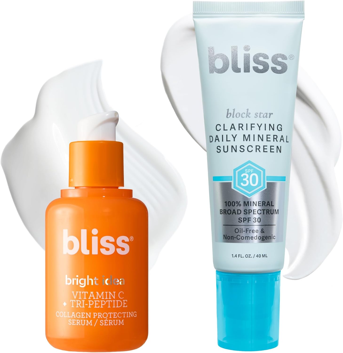 Bliss Bright Idea Vitamin C Serum and Block Star Sunscreen bundle front view for radiant skin protection.