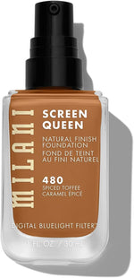 Swatch of Milani Screen Queen 480 Spiced Toffee foundation showing buildable light-to-medium coverage.