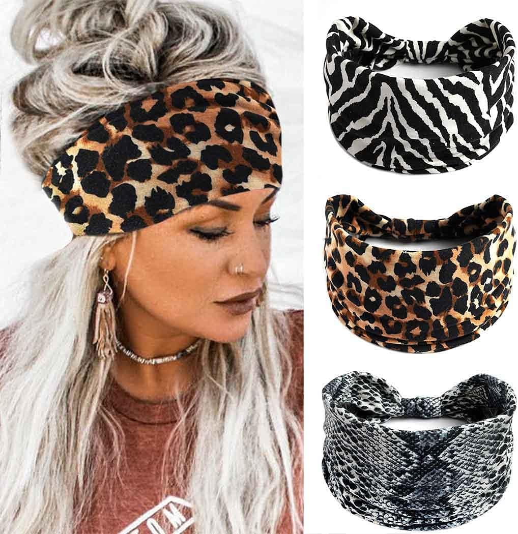 Boho Bandeau Headbands Wide Knot Hair Band Stretch Turban Head Wraps Fashion Hair Accessories for Women 3 Pcs (Elegant) - Image 9