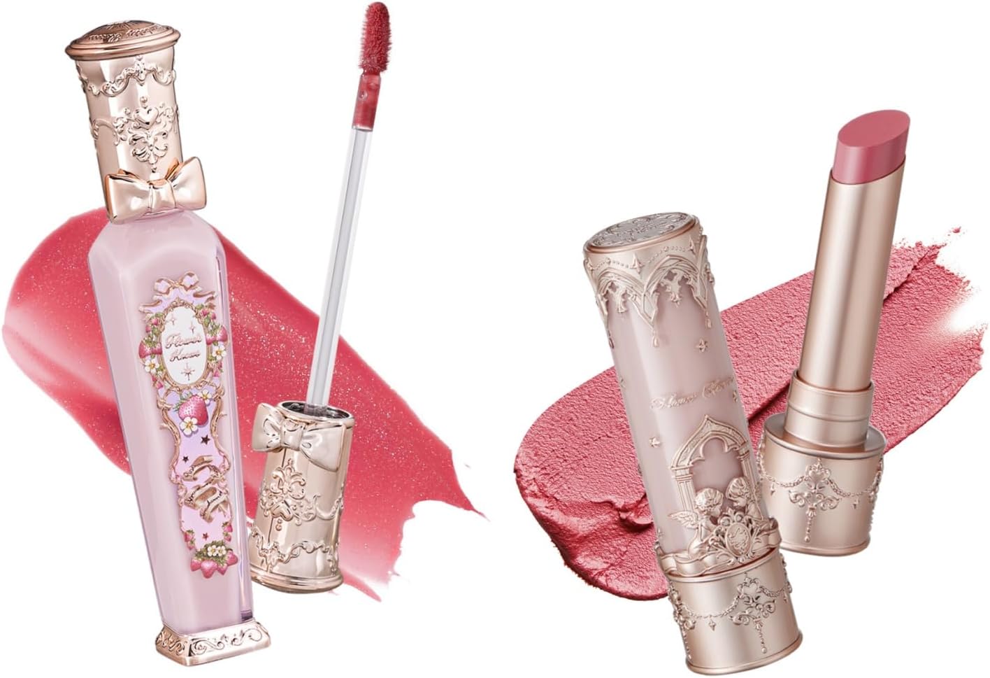 Flower Knows Little Angel Matte Lipstick C05 and Violet Strawberry Rococo Lip Gloss G02 Set front view showcasing intricate embossed gold packaging.
