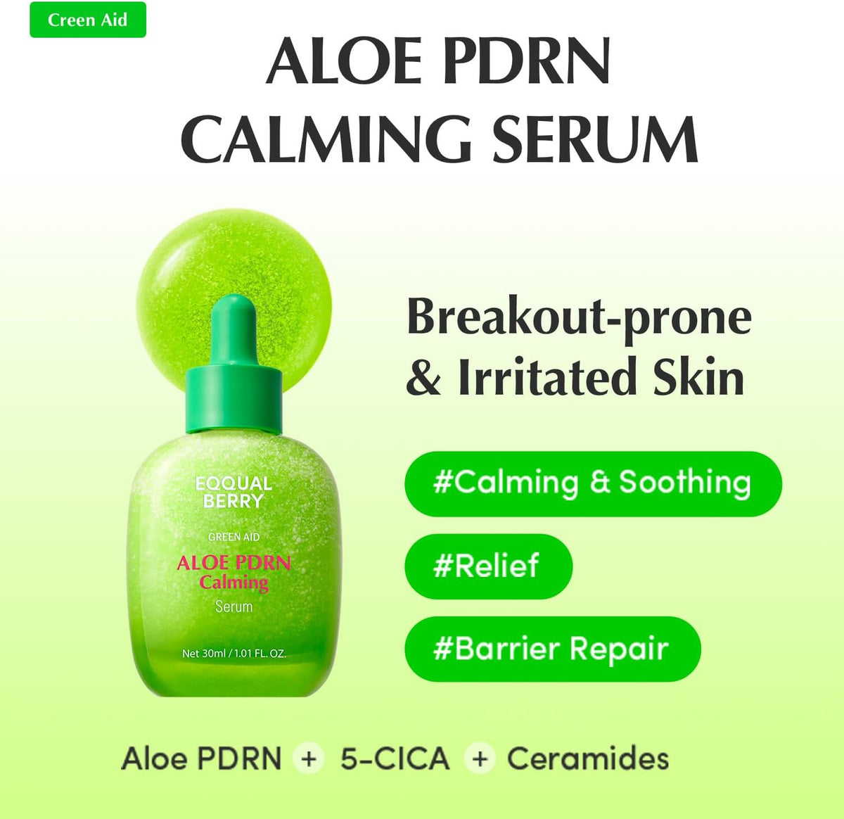 Aloe PDRN Calming Serum green bottle features
