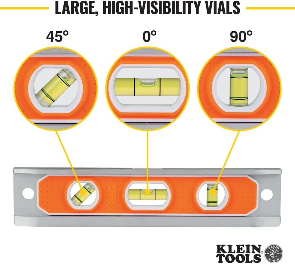 Klein Tools 9-inch level highlighting the rare-earth magnetic bottom.