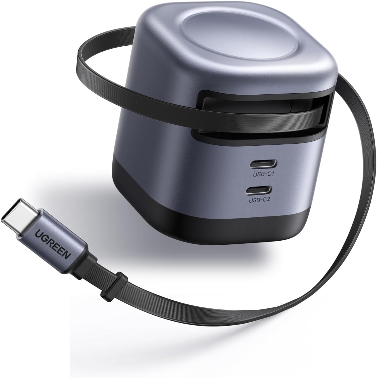 Ugreen Nexode Retractable 45 Watt GaN Charger front view showing compact space grey design