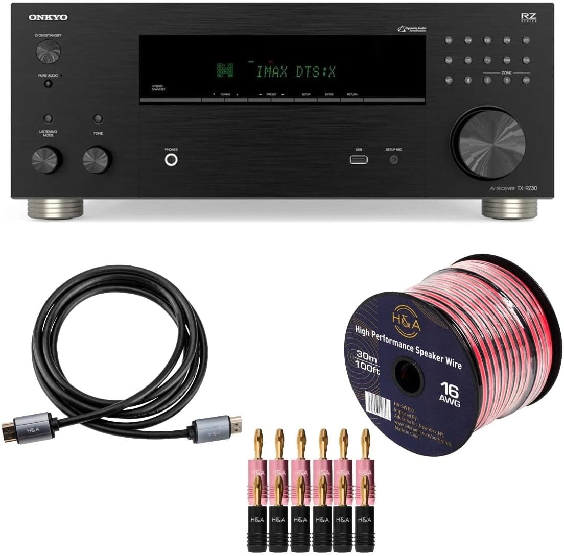 Onkyo TX-RZ30 AV receiver front view showing digital display screen and black finish finish.