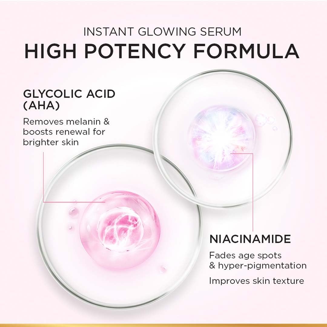 L'Oreal Paris brightening serum applied on skin demonstrating glow