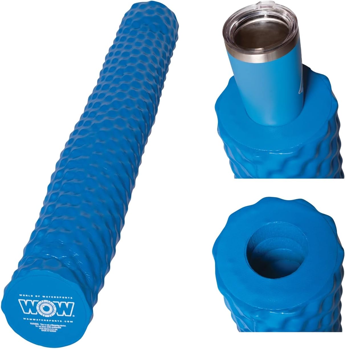WOW Sports XL Foam Pool Noodle with Cup Holder in bright blue front view floating on clean water