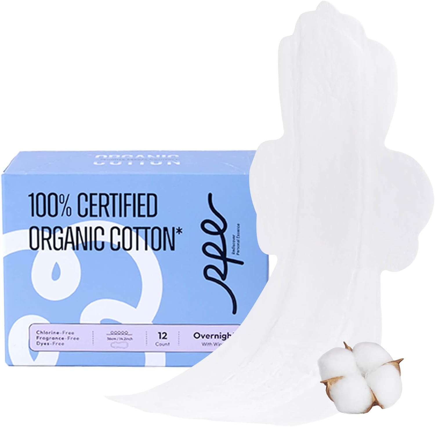 RPE Life 100% Organic Overnight Pads front packaging view heavy flow protection