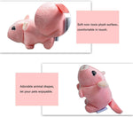 A puppy interacting with the soft plush stuffed chew toys for dental cleaning support.