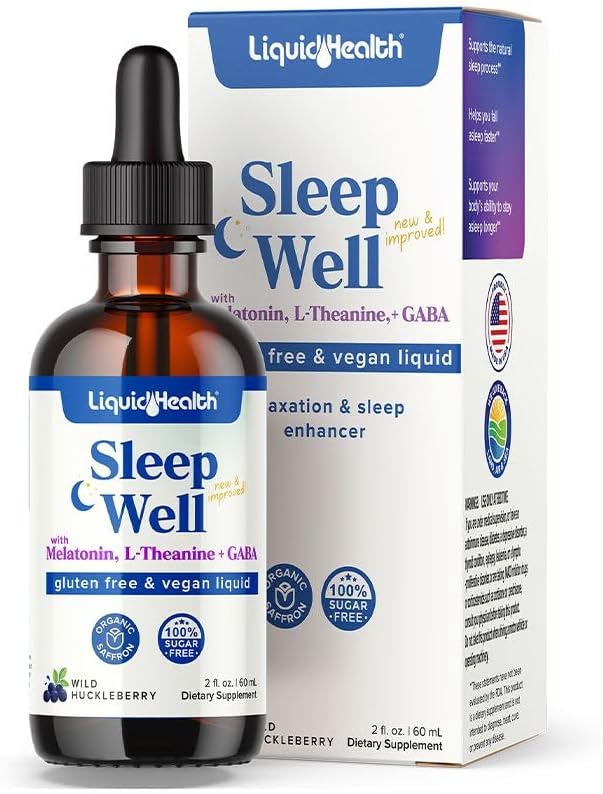 Liquid Health Sleep Well melatonin drops front view of dropper bottle and packaging box