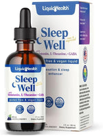 Liquid Health Sleep Well melatonin drops front view of dropper bottle and packaging box