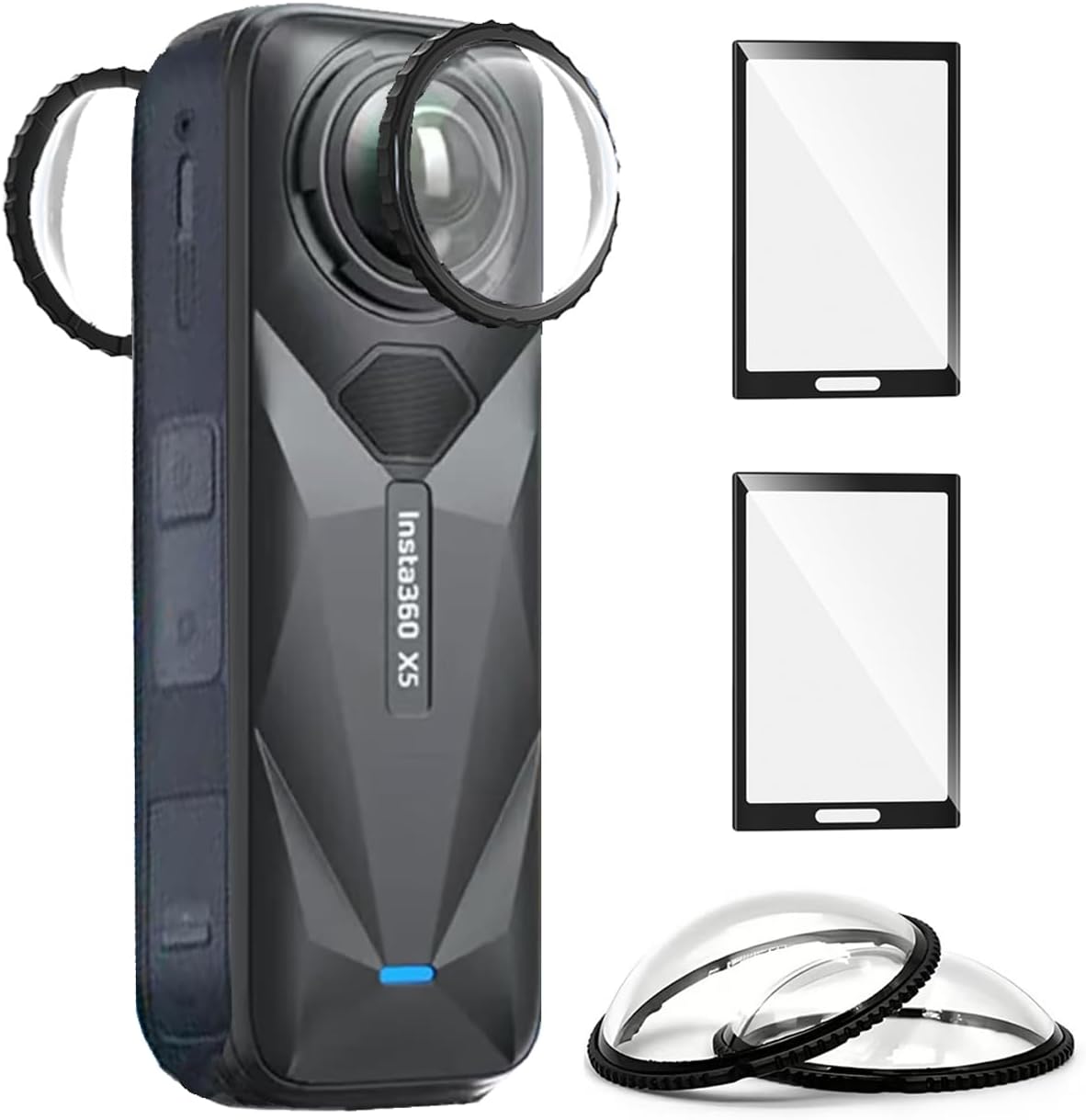 Debous Insta360 X5 premium glass lens guard set front view showing camera protection kit