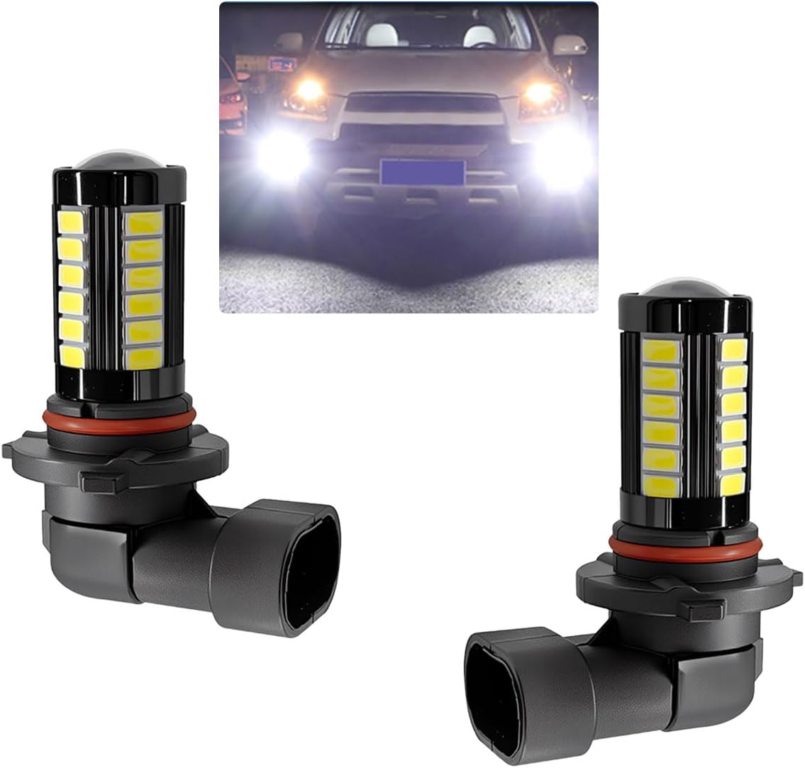 GAOLAOSY 9006 car LED fog light bulbs front view showing projector lens and surface mounted diode chips