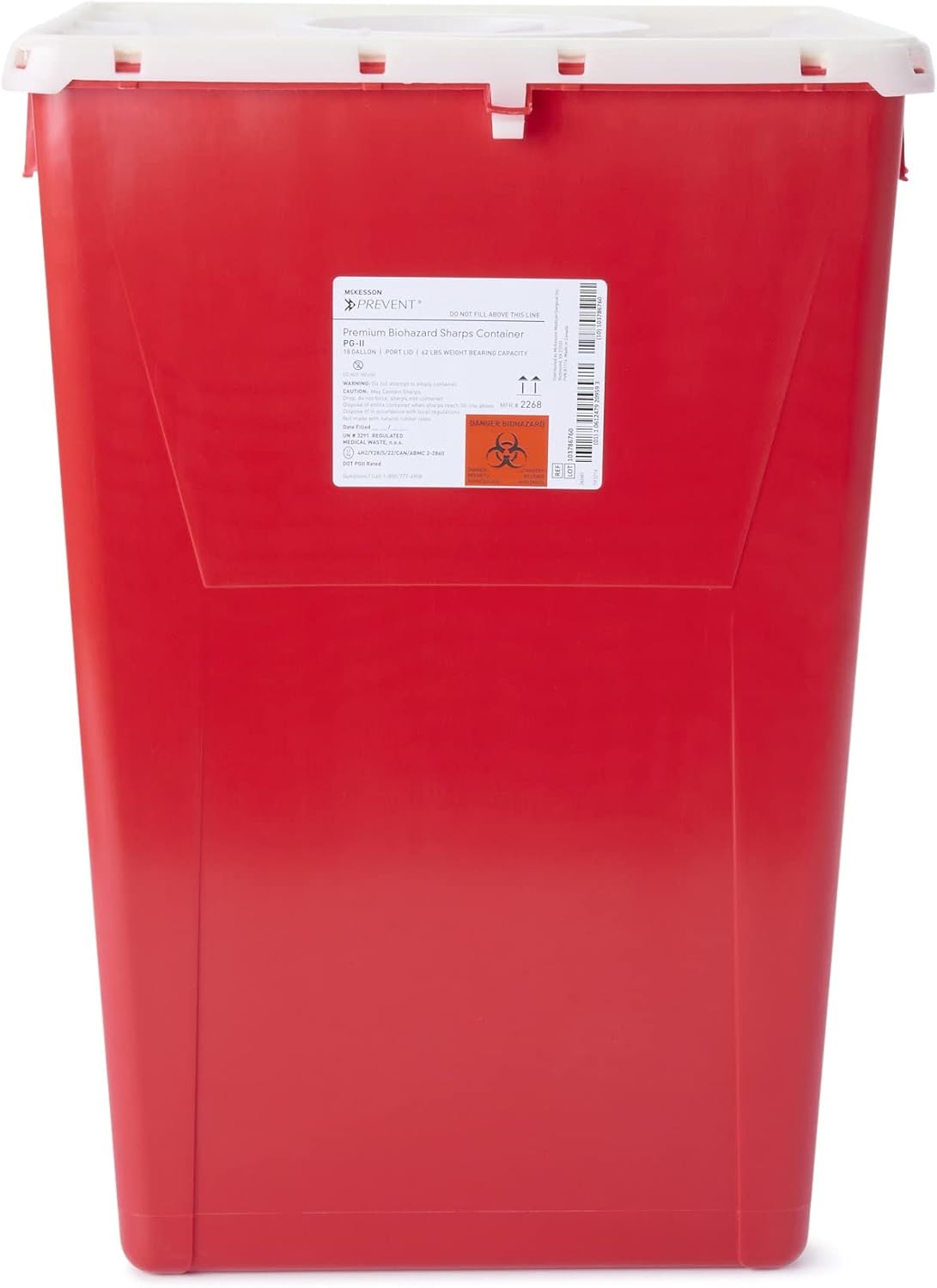 McKesson Prevent Premium Biohazard Sharps Container - Vertical Entry, Rotating Lid - Red and White, 18 gal, 13 in x 17 3/10 in x 24 3/5 in, 1 Count - Image 1