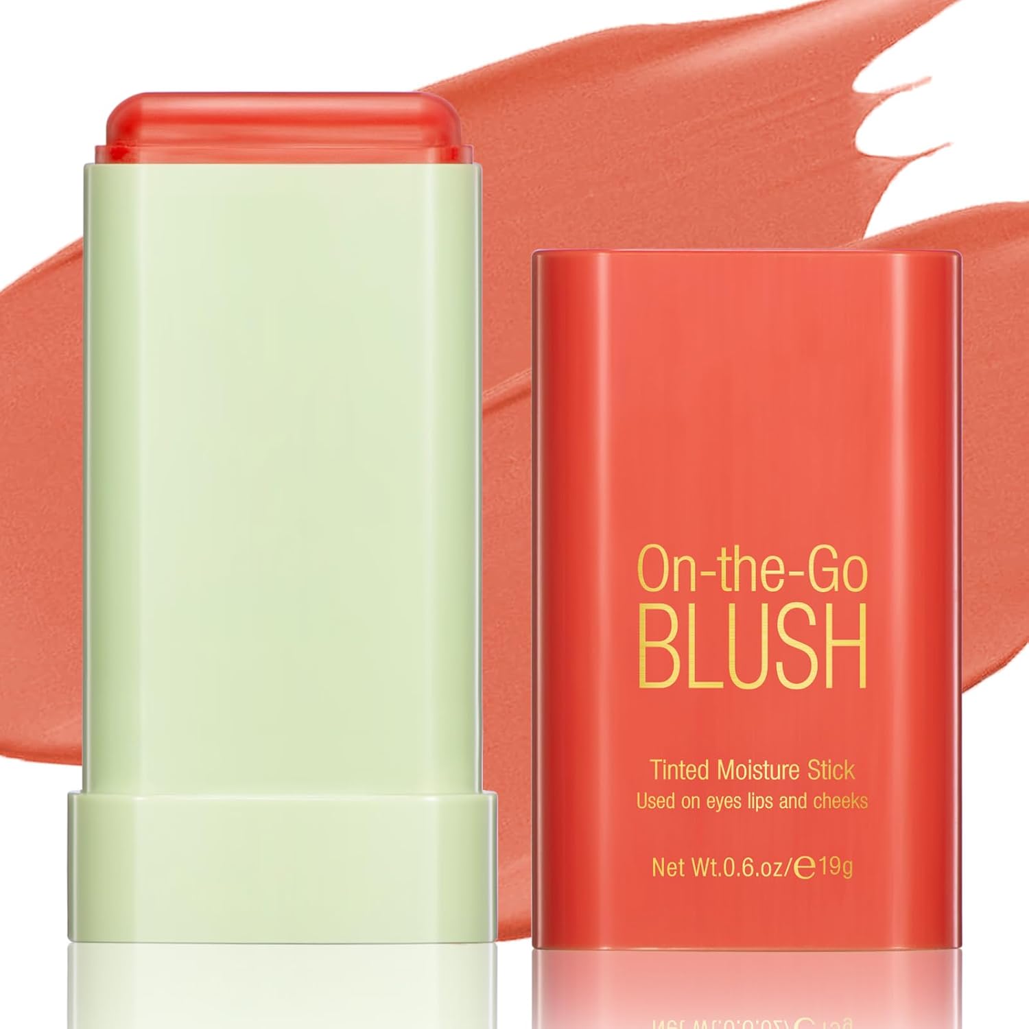 BEFIVECOK cream blush stick front view showcasing the coral orange makeup wand tube