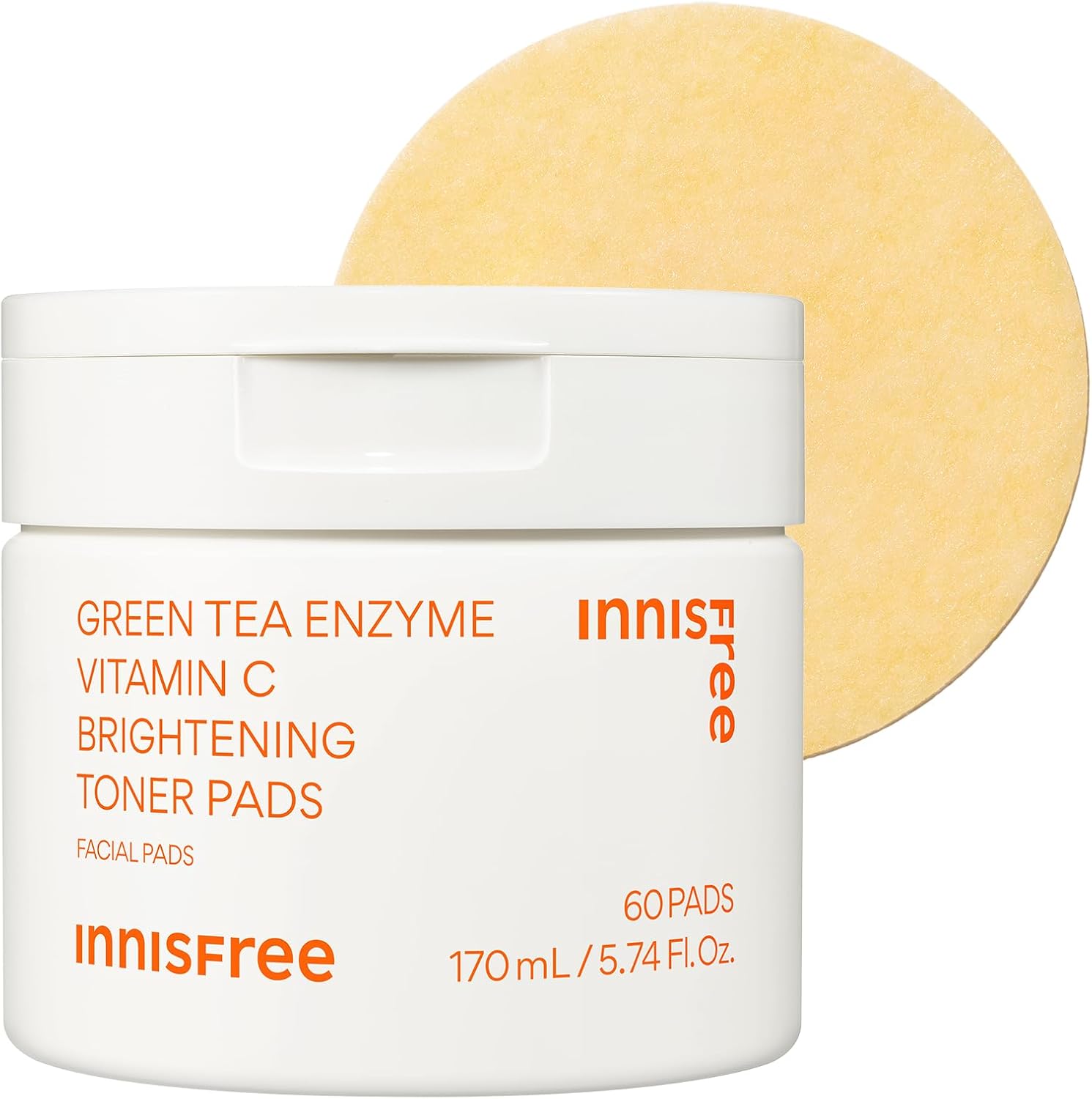 Innisfree Green Tea Enzyme Vitamin C Toner Pads front view packaging containing sixty pieces for daily skin brightening.