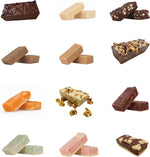 Gourmet American imported fudge sampler showing chocolate and walnut variations on a serving platter.