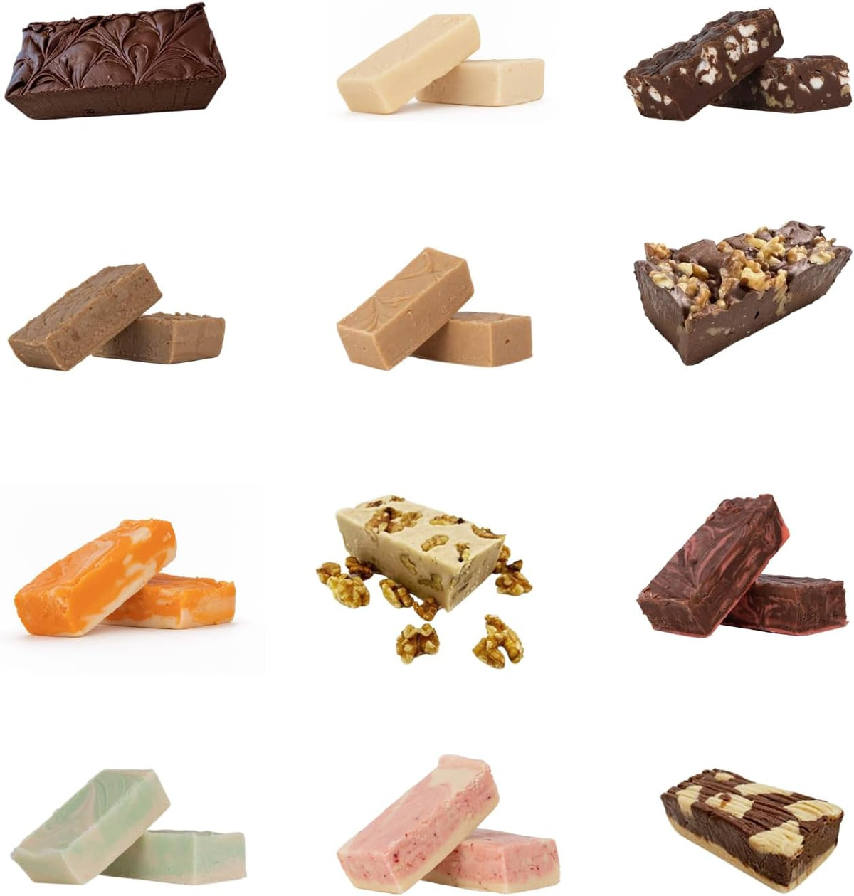 Gourmet American imported fudge sampler showing chocolate and walnut variations on a serving platter.