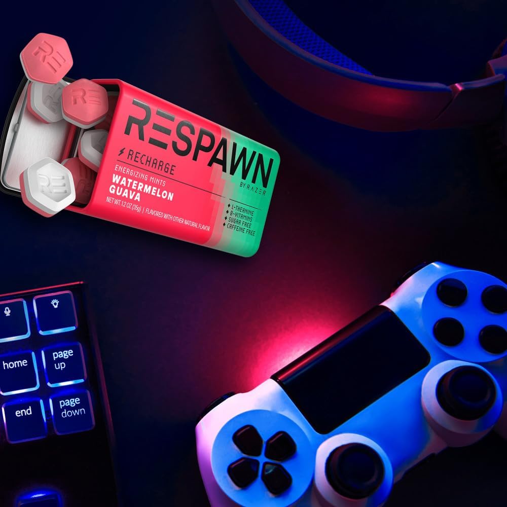 RESPAWN by Razer clean formula sugarless breath mints displaying vitamins B5 and B12 benefits.