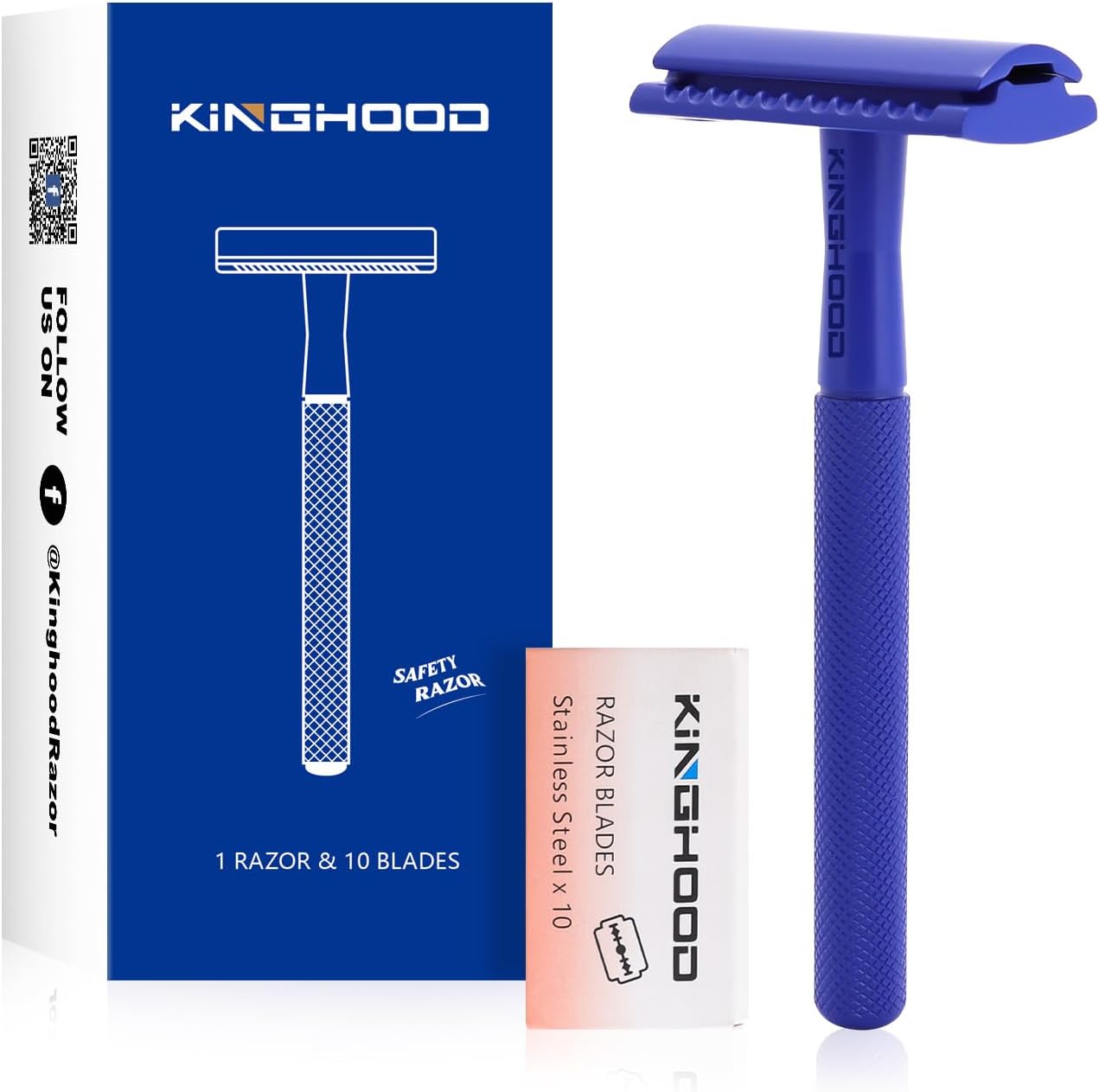 Kinghood double edge safety razor dark blue front view on solid background
