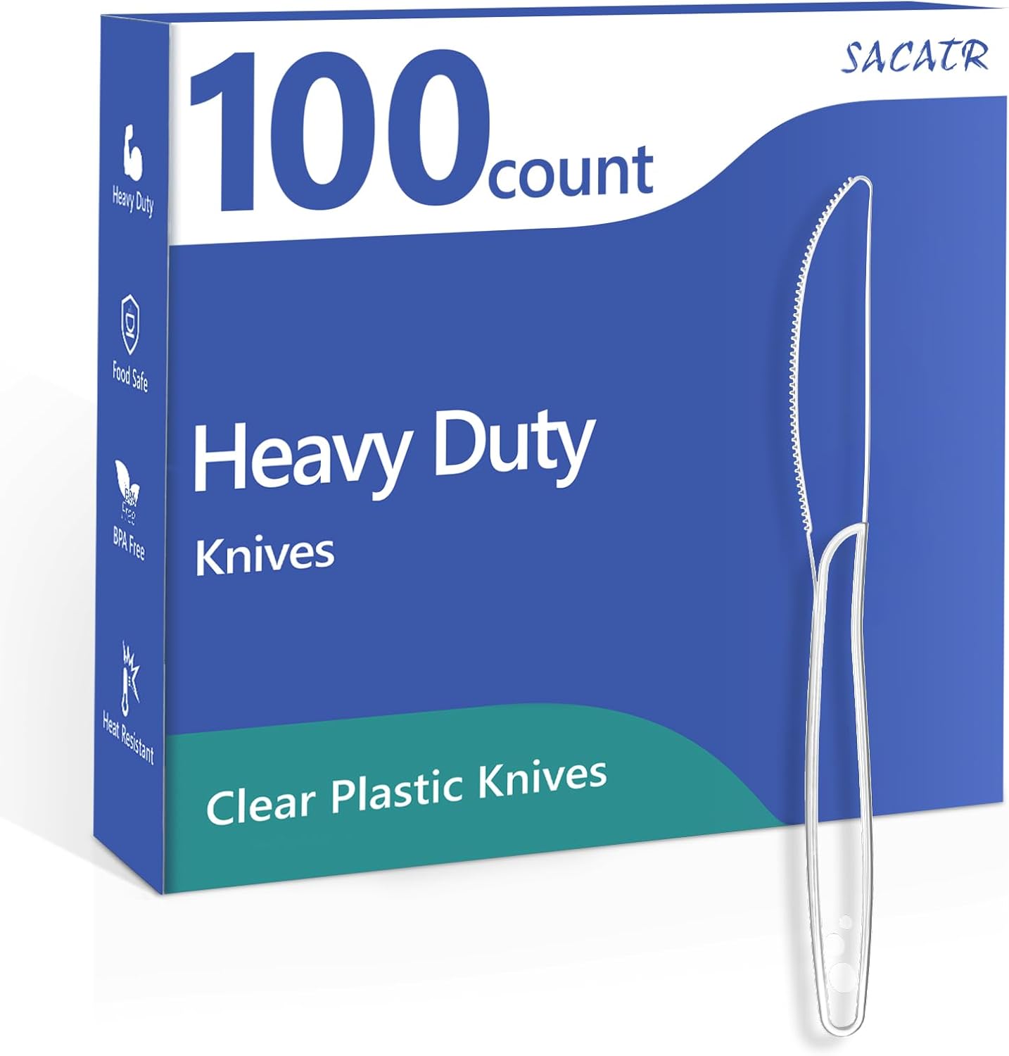 SACATR heavy duty disposable plastic knives 100 count front retail packaging view