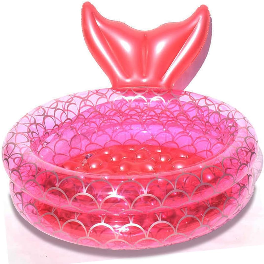 Benelet Inflatable Backyard Kiddie Mermaid Swimming Pool front view showing pink fish scale design and attached tail