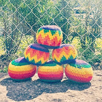 Tightly woven cotton juggling ball closeup highlighting the artisan tribal craftsmanship.