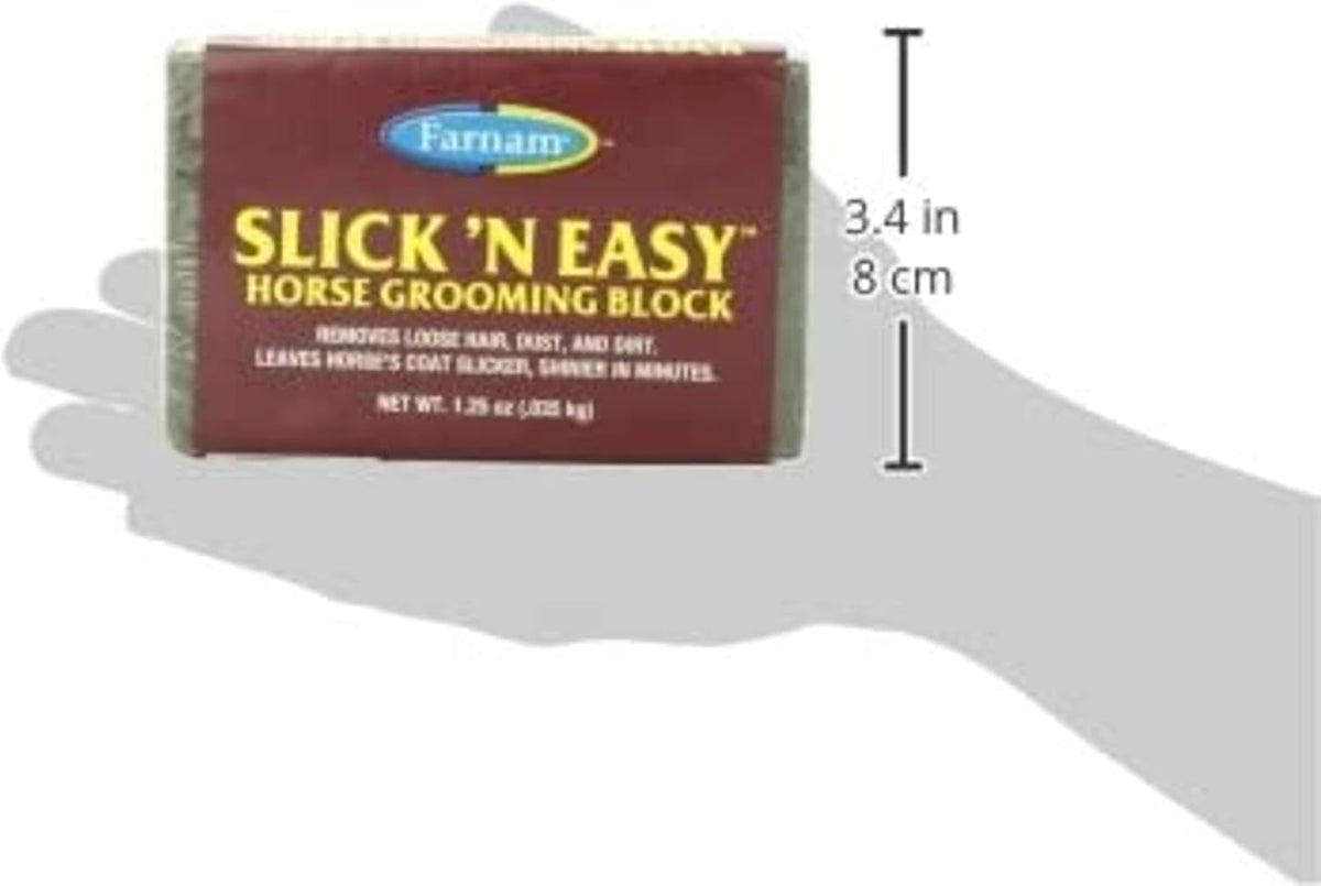 Equestrian grooming block removing loose hair and dirt from a horse coat