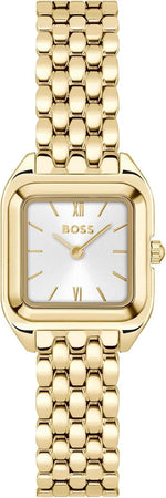 BOSS Mae Petite women's quartz watch front view gold square dial