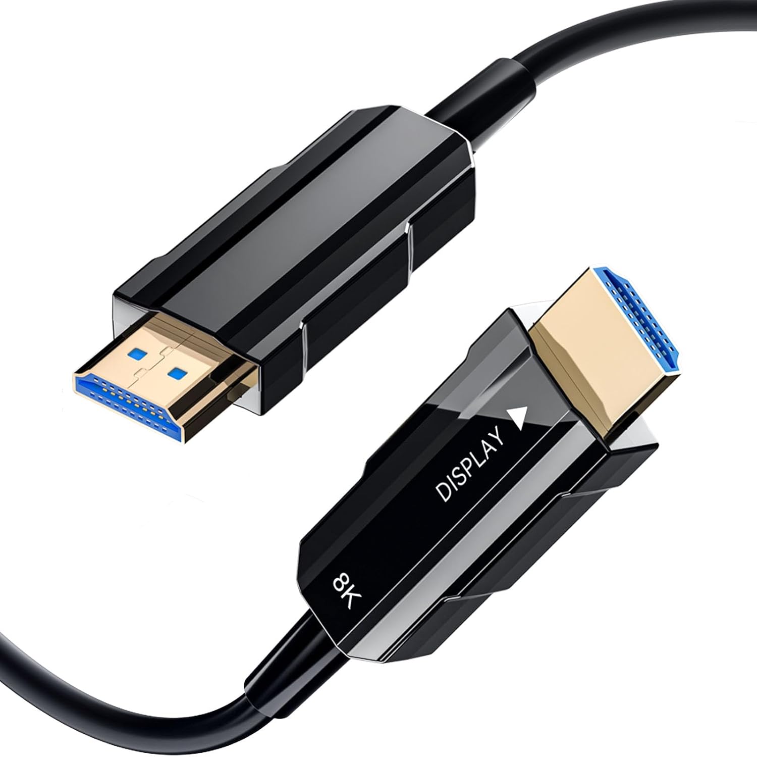 Rubmud 8K fiber optic HDMI 2.1 cable front view showcasing gold plated connectors.
