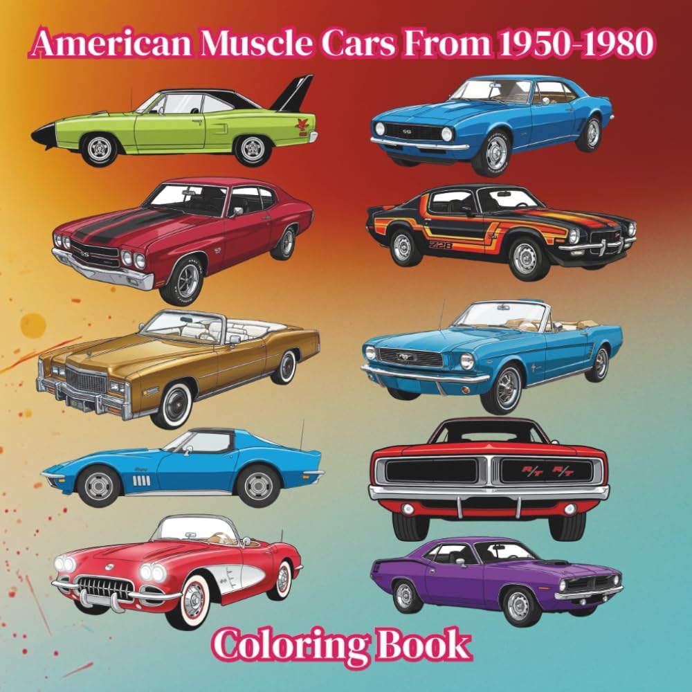 MJ Cavanaugh American Muscle Cars 1950 1980 Coloring Book 2026 paperback front cover showing vintage vehicle illustrations.