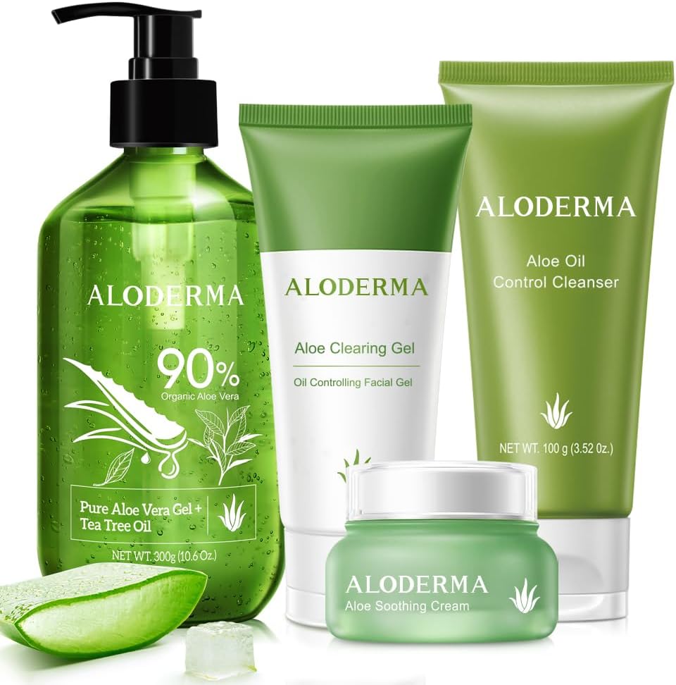 Aloderma brand 5 piece aloe clearing skin care set with tea tree oil