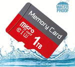 Waterproof and shockproof 5-Star micro SDXC memory card placed next to a digital camera.