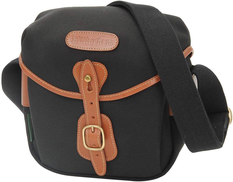 Billingham Hadley Digital camera bag front view with black canvas and tan leather trim