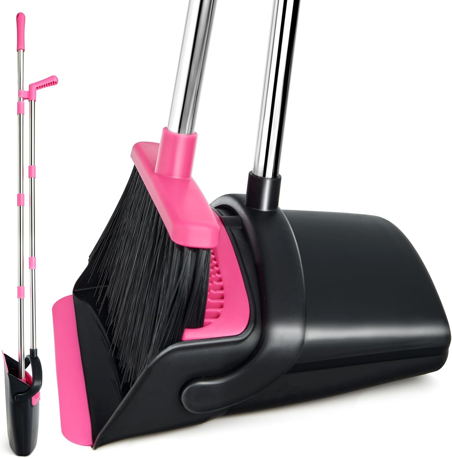 XXFLOWER Broom and Dustpan Set front view standing upright for storage.