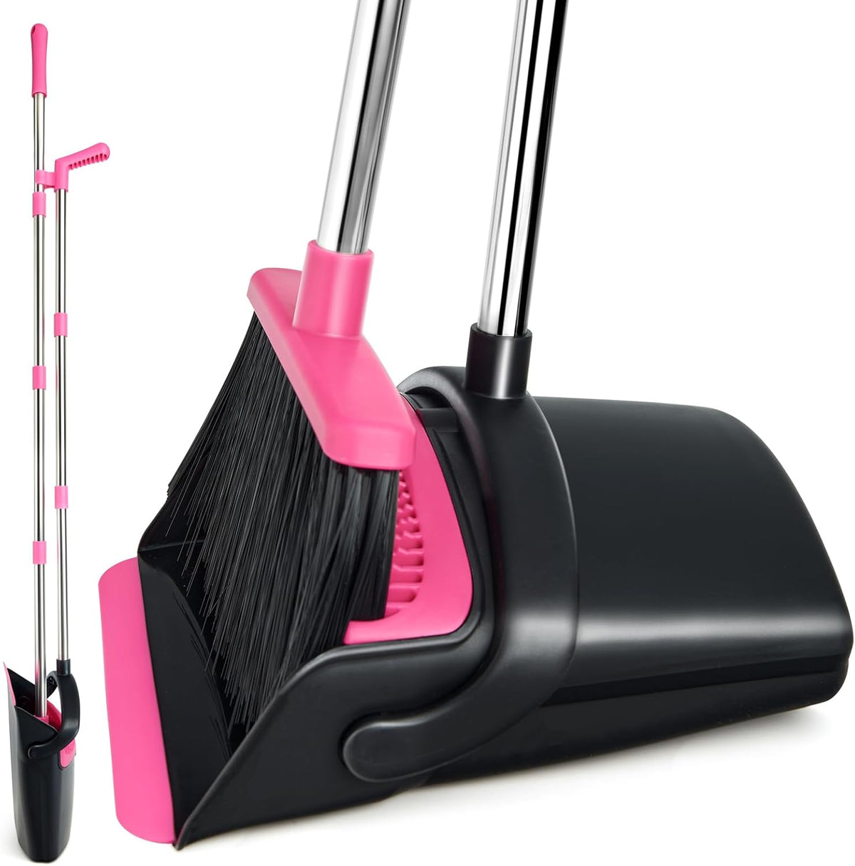 XXFLOWER Broom and Dustpan Set front view standing upright for storage.