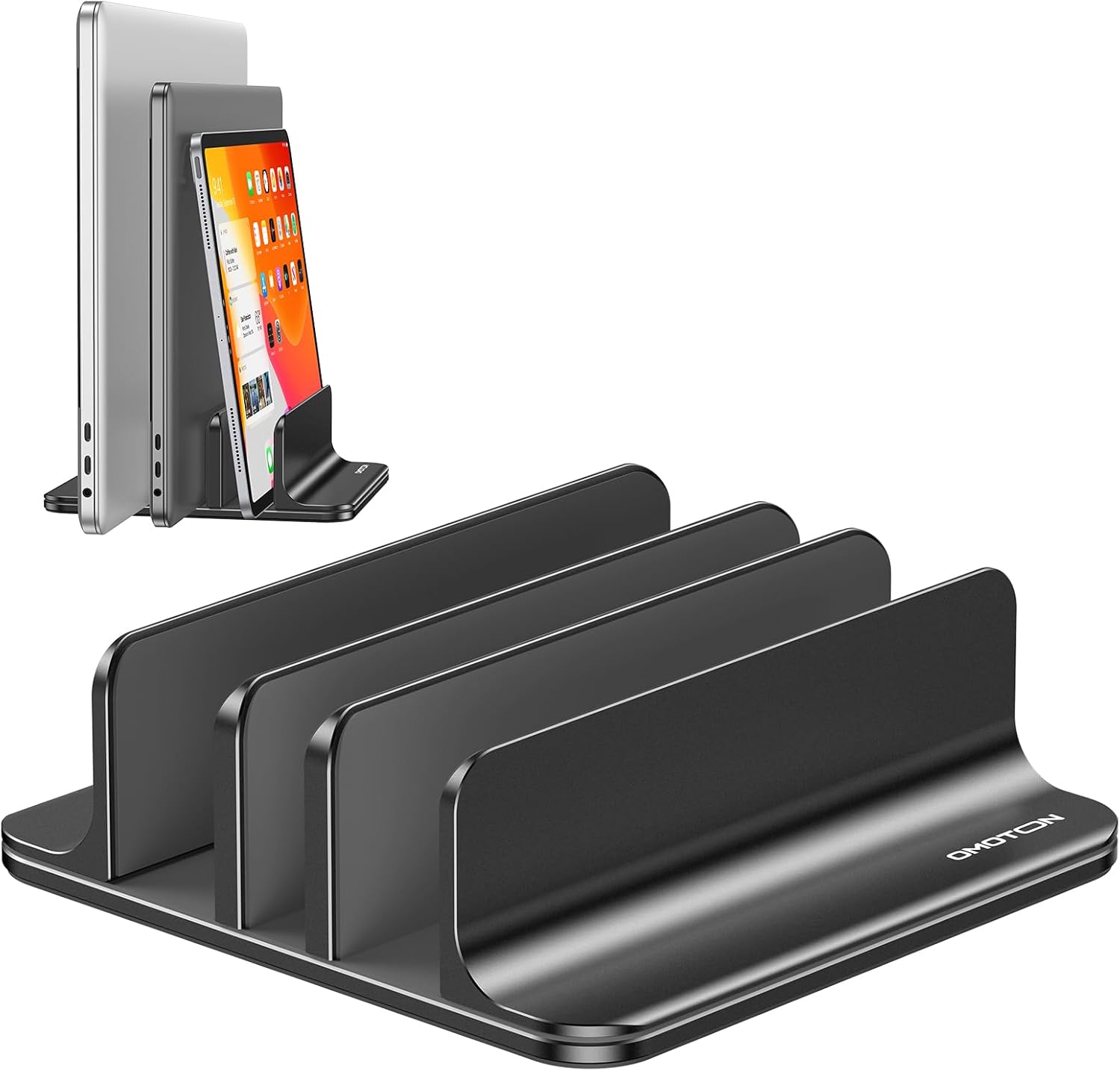 OMOTON 3-Slot Vertical Laptop Stand front view holding a MacBook Pro on an office desk