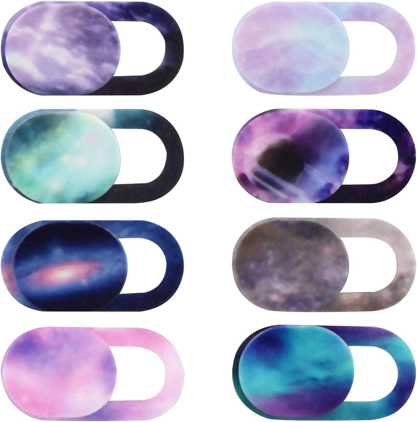 Cuxnoo camera cover slide eight count pack front view displaying colorful space galaxy patterns