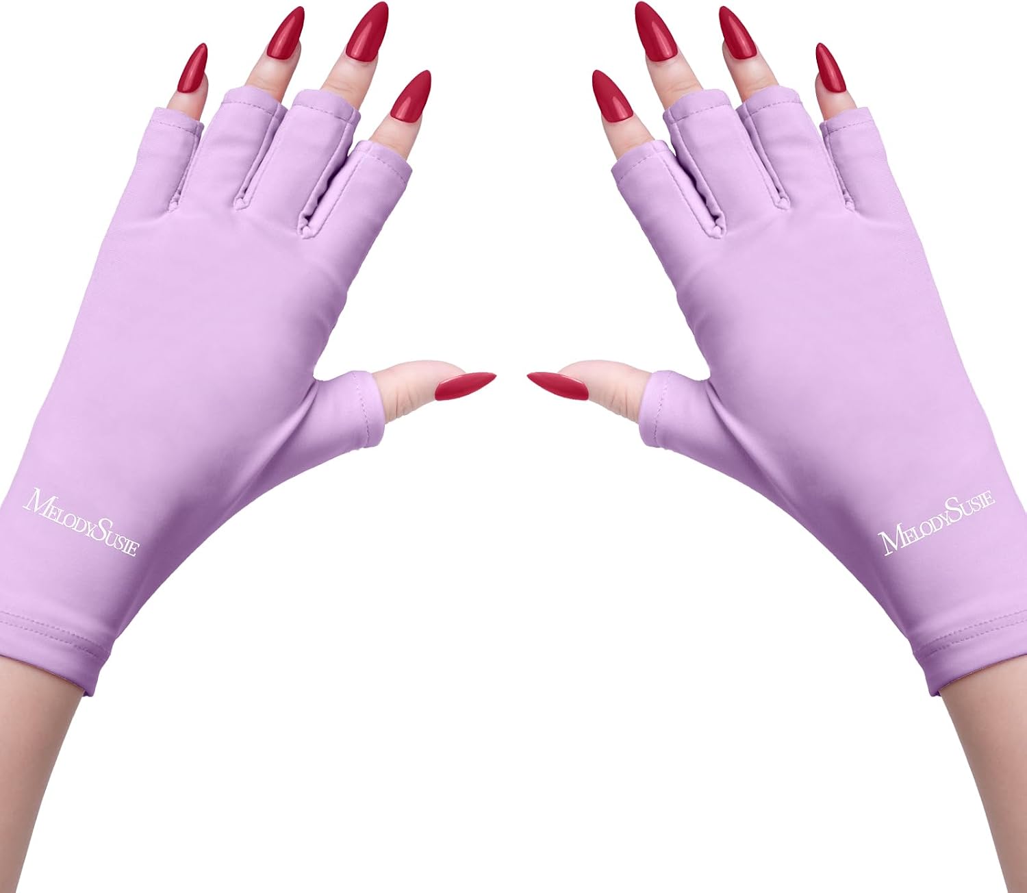 MelodySusie UV protection gloves front view showing fingerless design and purple color