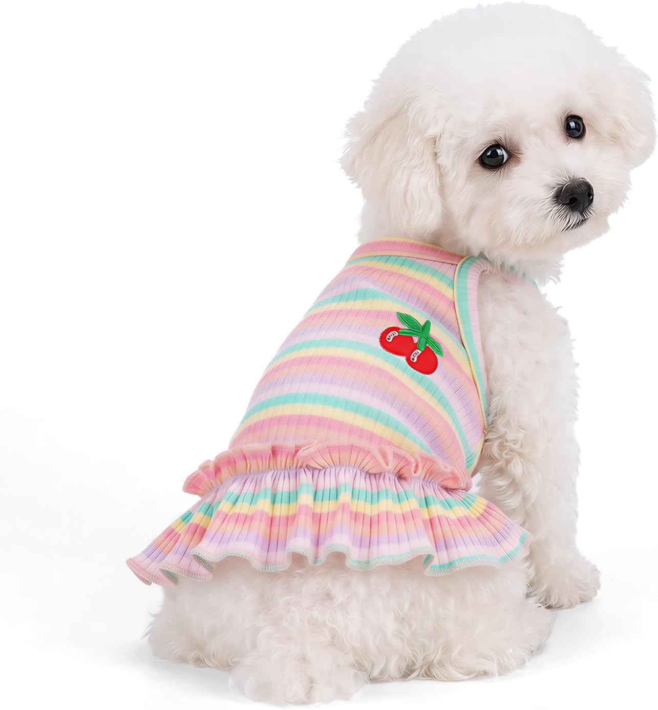 Jmkcoz striped dog dress front view featuring cute pink cherry design