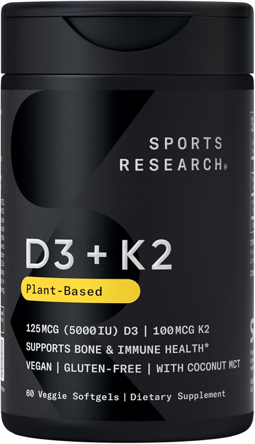 Sports Research Vitamin D3 plus K2 veggie softgels for immune and bone support.