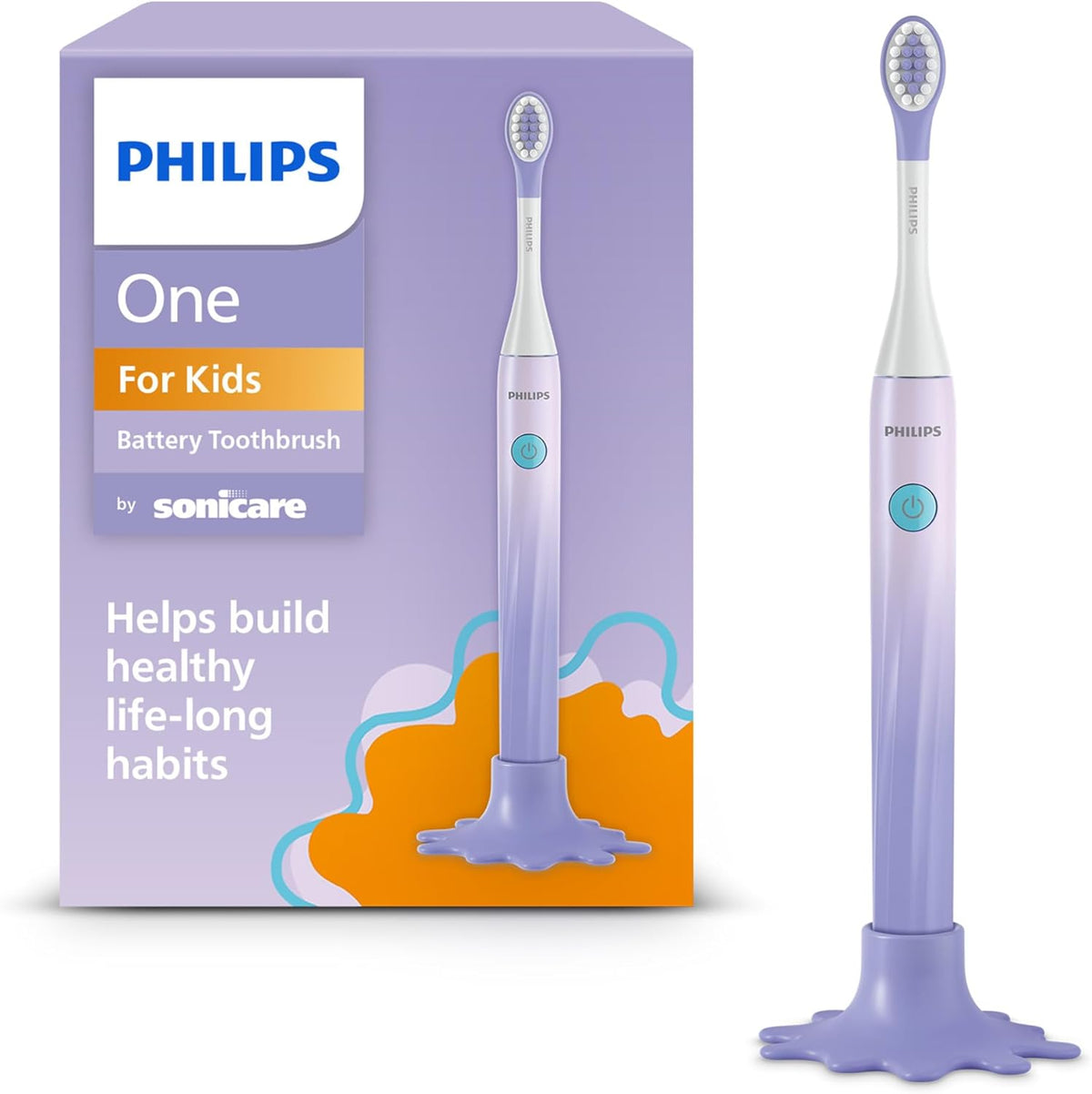Philips Sonicare One for Kids Purple battery toothbrush front view with travel stand