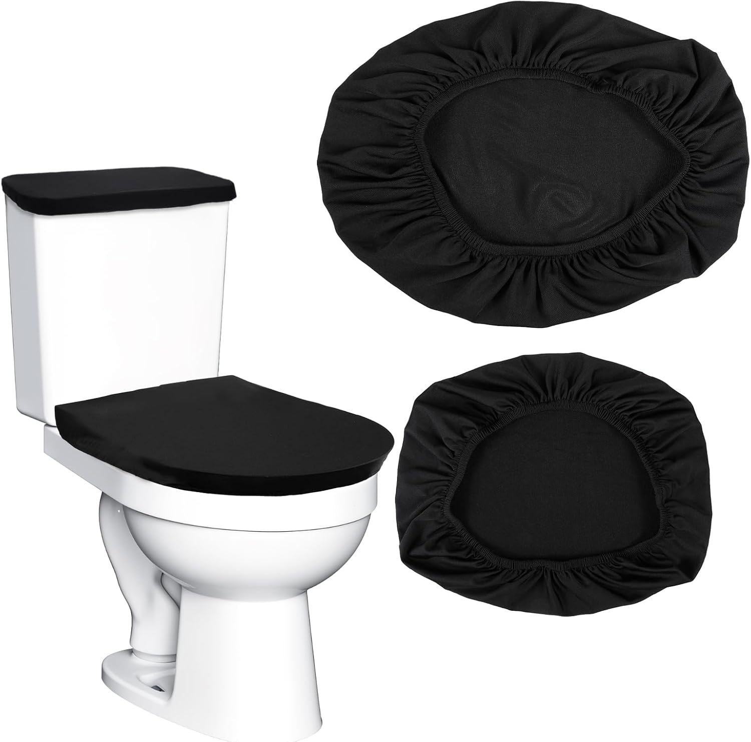 Tyqour black toilet seat lid cover and tank wrap set installed on a modern white ceramic commode front view.