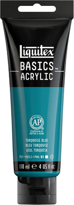 Liquitex Basics acrylic paint tube front view turquoise blue