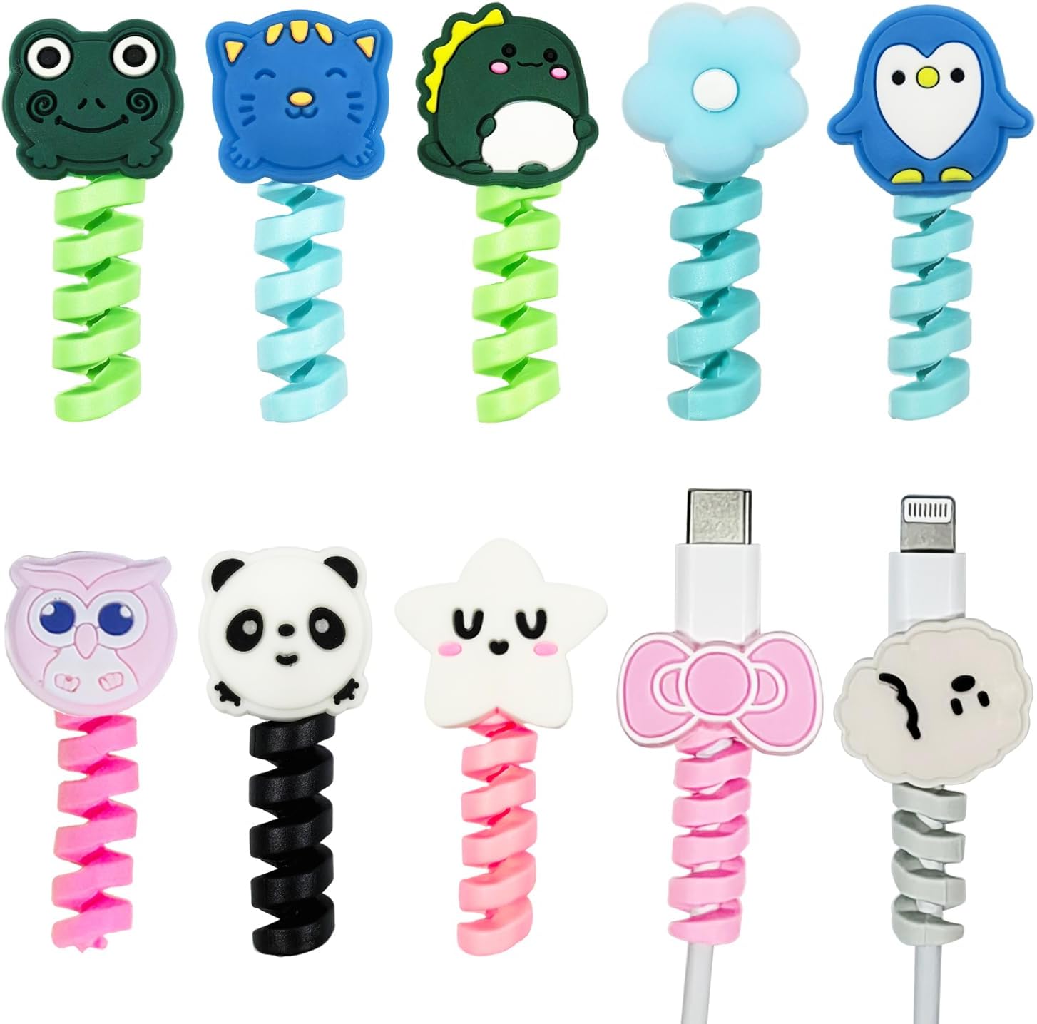 SONGJIE cartoon silicone charger cable protector pack of ten pieces front view displaying cute animal characters