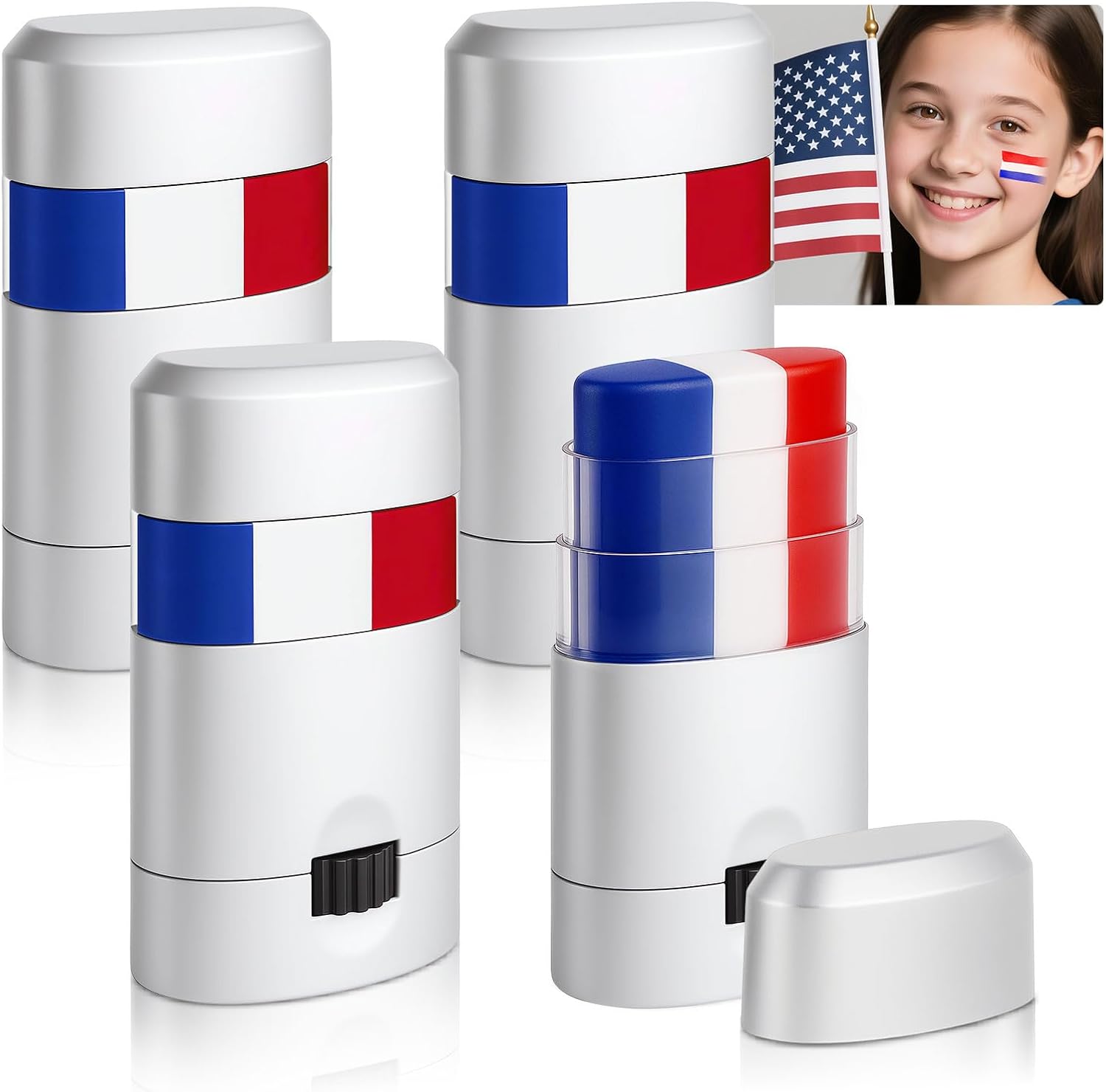 BEFIVECOK patriotic face body paint sticks front view showing red white and blue tricolor makeup