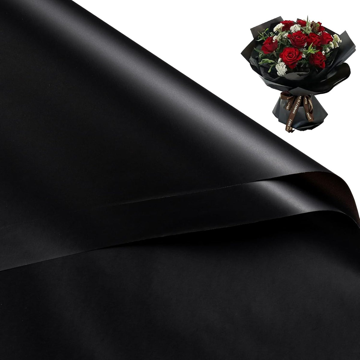 Wrapaholic flower wrapping paper pure black pack front view showcasing matte waterproof sheets.